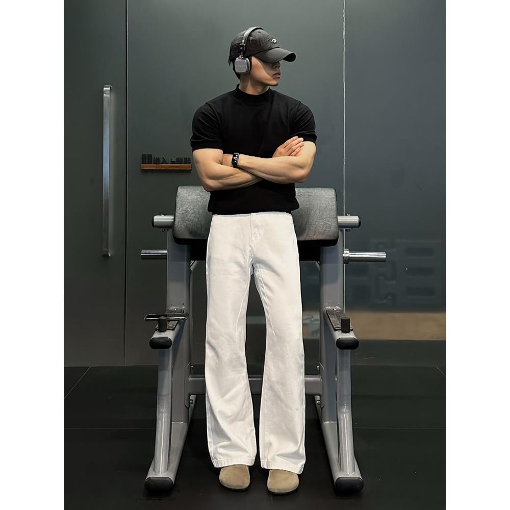白色美式弯刀牛仔裤男款薄款高街vibe微喇裤子cleanfit阔腿直筒裤