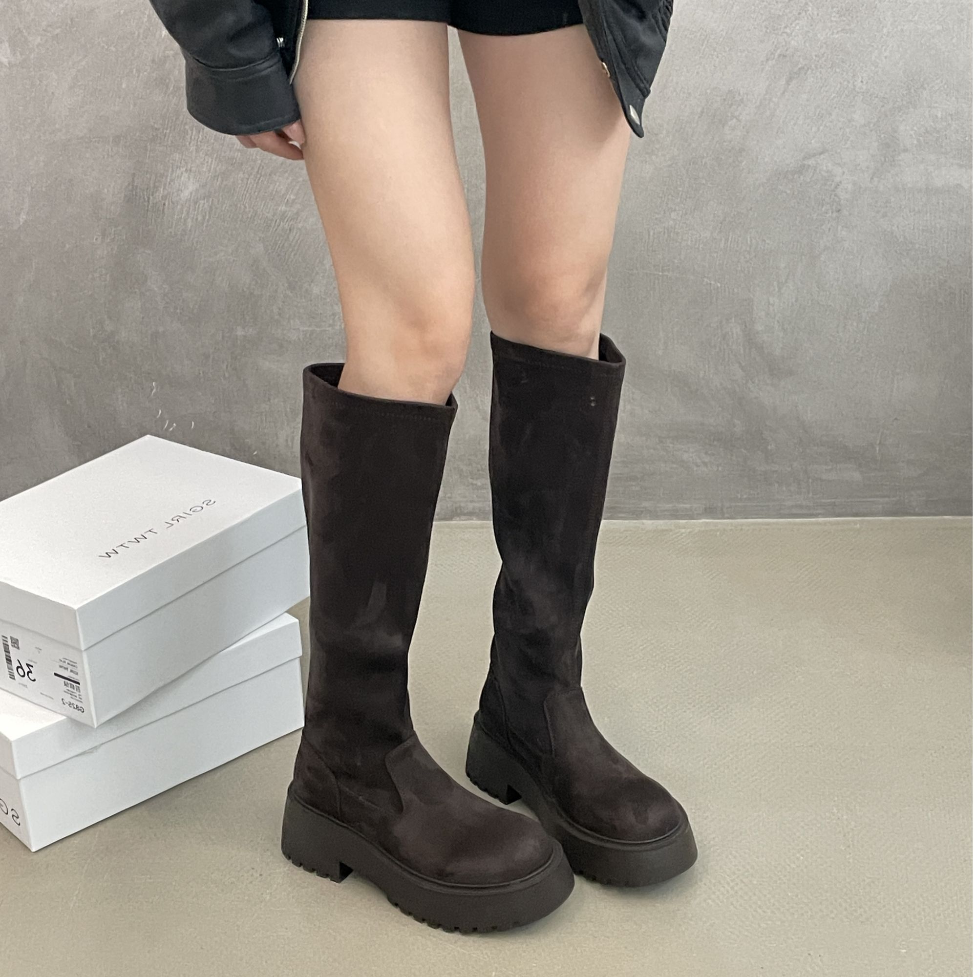 SGIRL TWTW韩版厚底套筒不过膝长靴女百搭圆头弹力瘦瘦靴潮VV-48