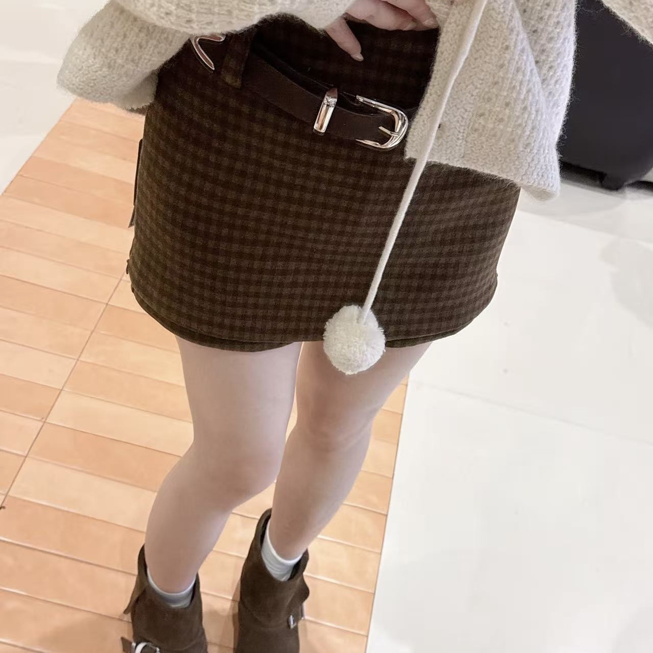 ODUOER【实体同款】高腰显瘦毛呢格子A裤裙女百搭高级感半身裙