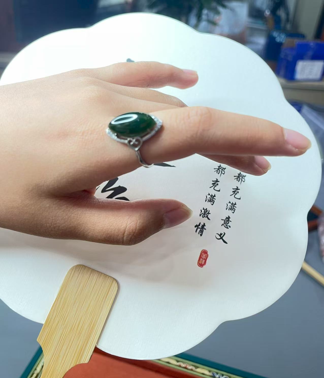 16mm纯天然碧玉蛋面S925银镶嵌椭圆精致戒指多样性发货拍一发一