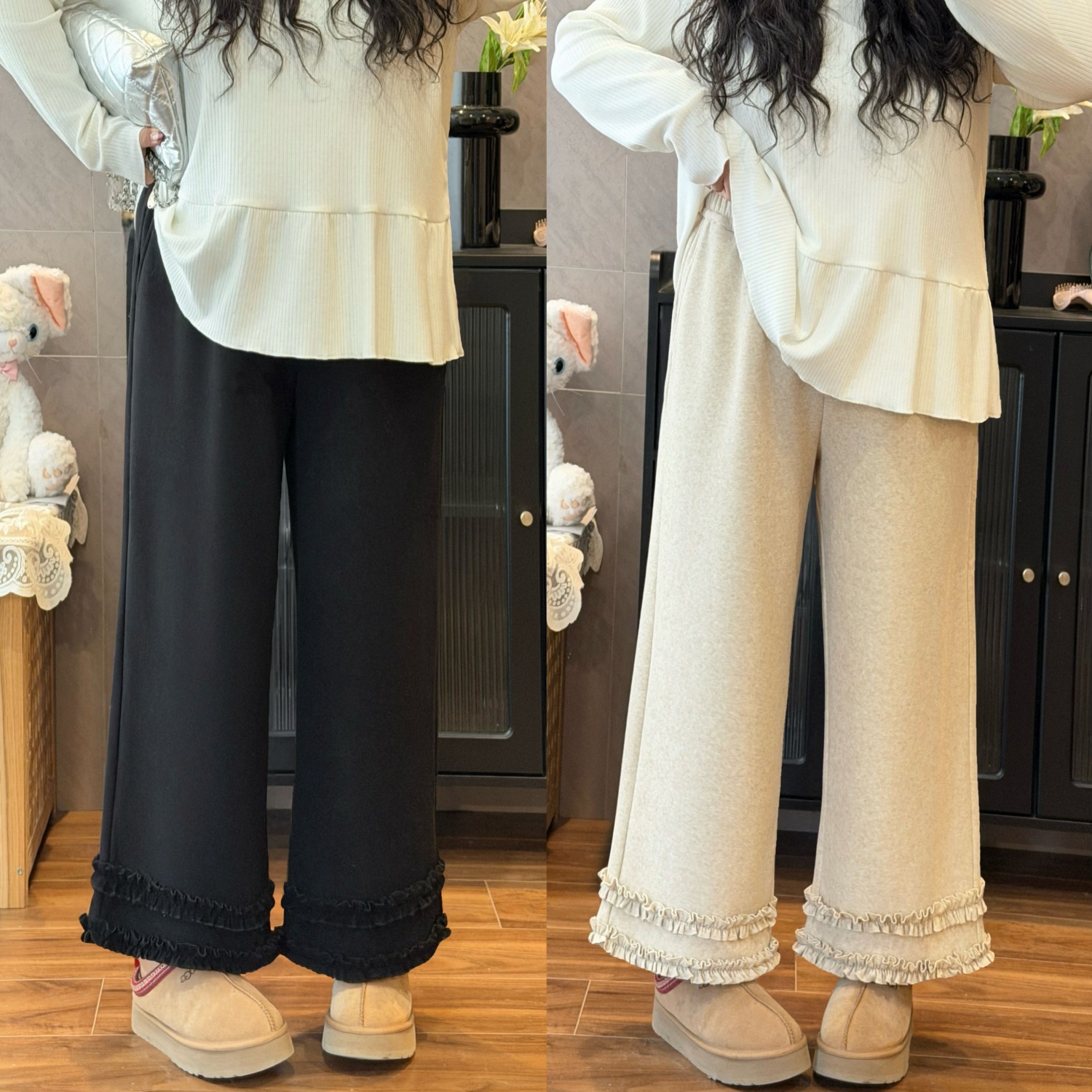 花契“暖暖姜饼”大码女装冬季宽松200斤胖mm拼接花边休闲裤16641-H