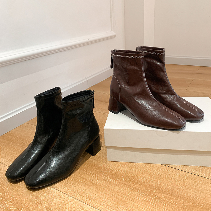 秋冬新款软皮法式方头瘦瘦靴女百搭韩系粗高跟裸靴马丁靴复古短靴