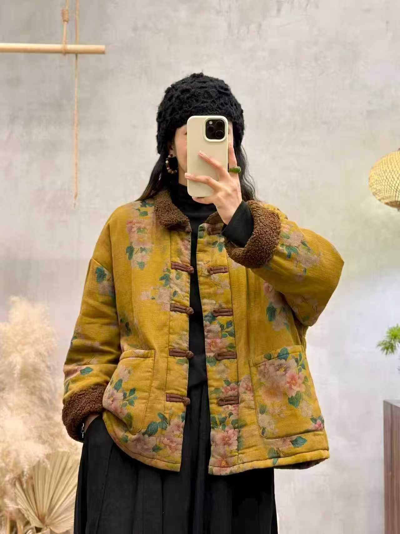LXC原创复古做旧印花保暖加棉中式国风盘口棉衣棉服