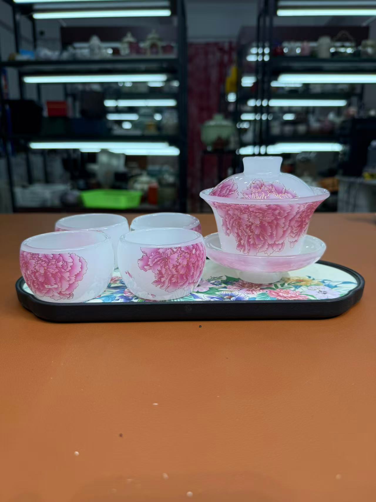 陶子茶具 粉牡丹琉璃盖碗+两杯家用泡茶防烫三才盖碗-2888