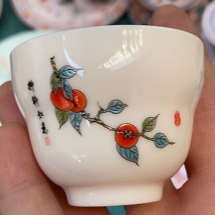 摆件陶红稀土柿柿如意杯