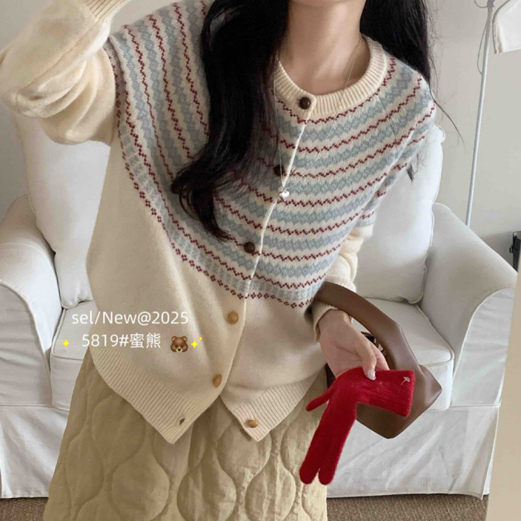 费尔岛开衫气质针织毛针织衫长袖毛衣针织衫插肩袖撞色秋冬时尚款