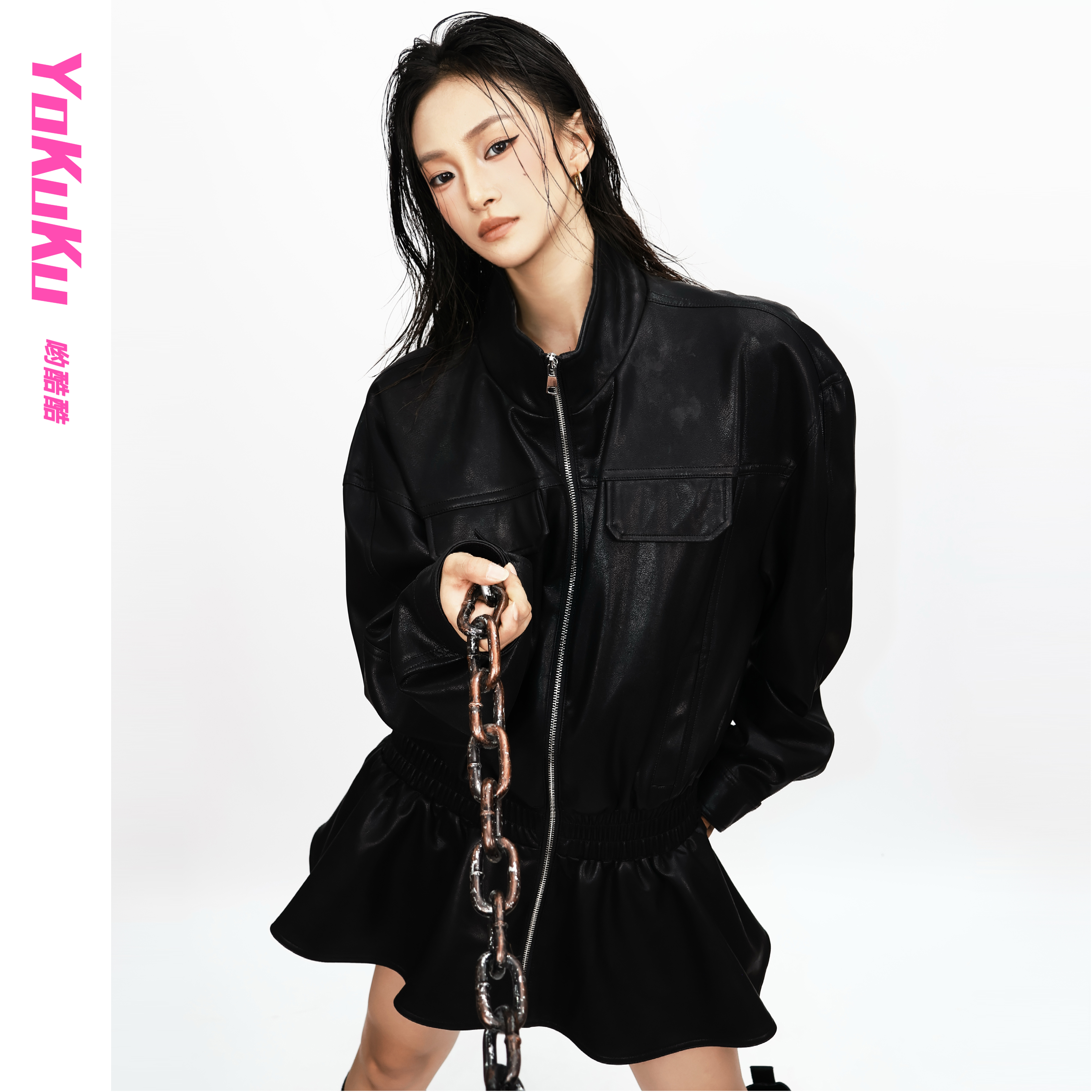 哟酷酷（翻山越岭）美式潮酷小众机车防风收腰双头拉链皮衣夹克外套