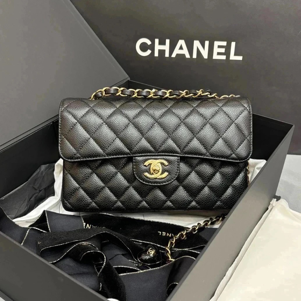未使用 Chanel/香奈儿 黑金CF小号 芯片款 菱格链条经典口盖包