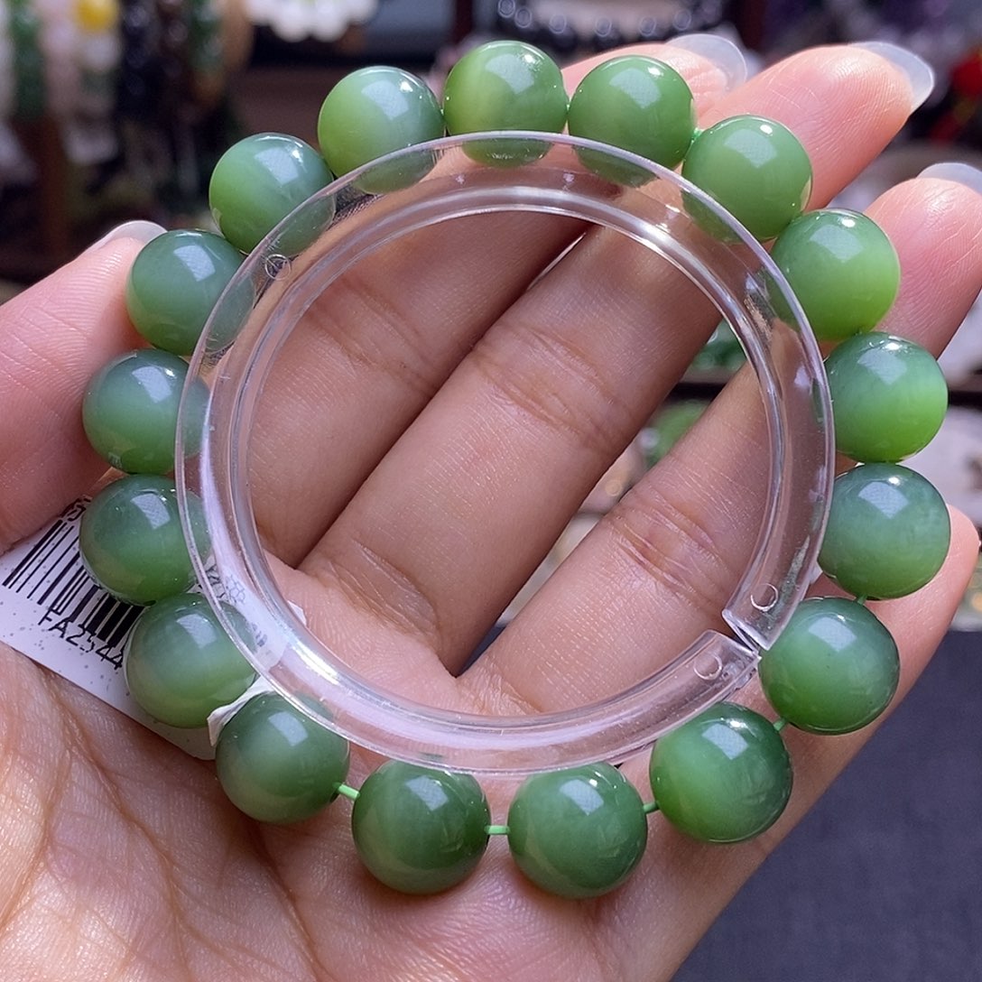 颈饰未镶嵌和田玉毕业级老坑料碧玉猫眼手链11.6m