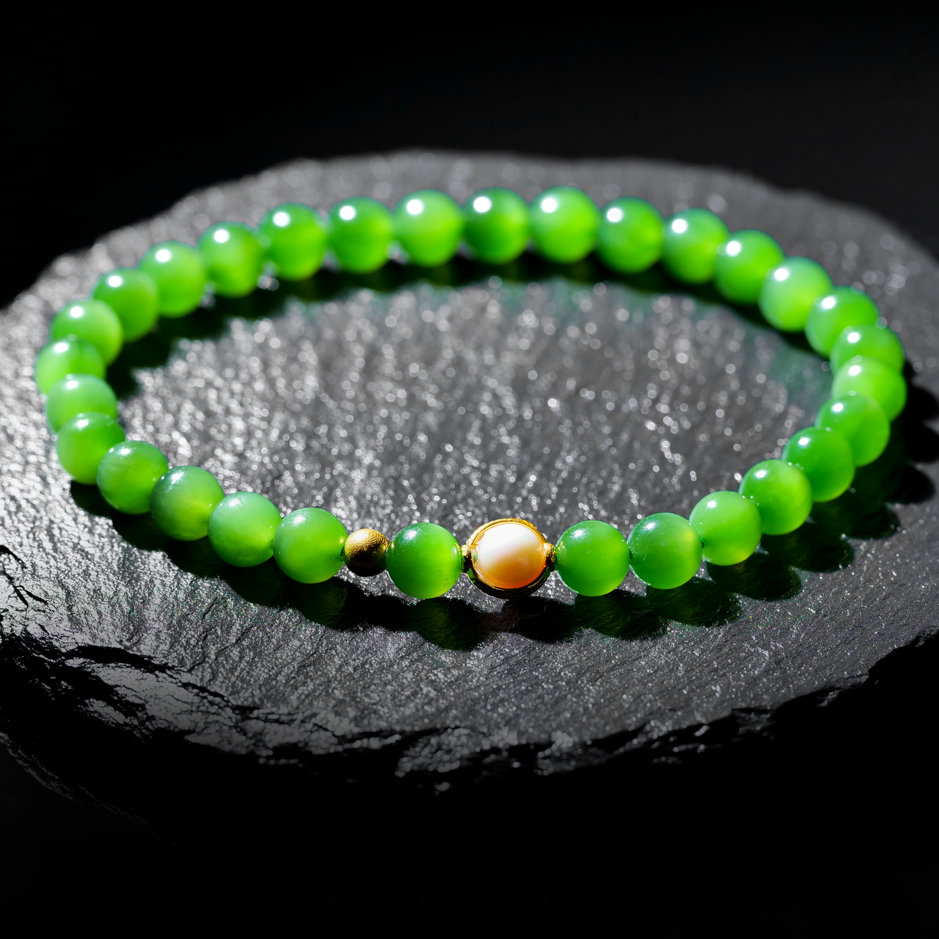 【小雨来了】18k金 和田玉6mm碧玉手串 玉手链 珠串 多样性发一件