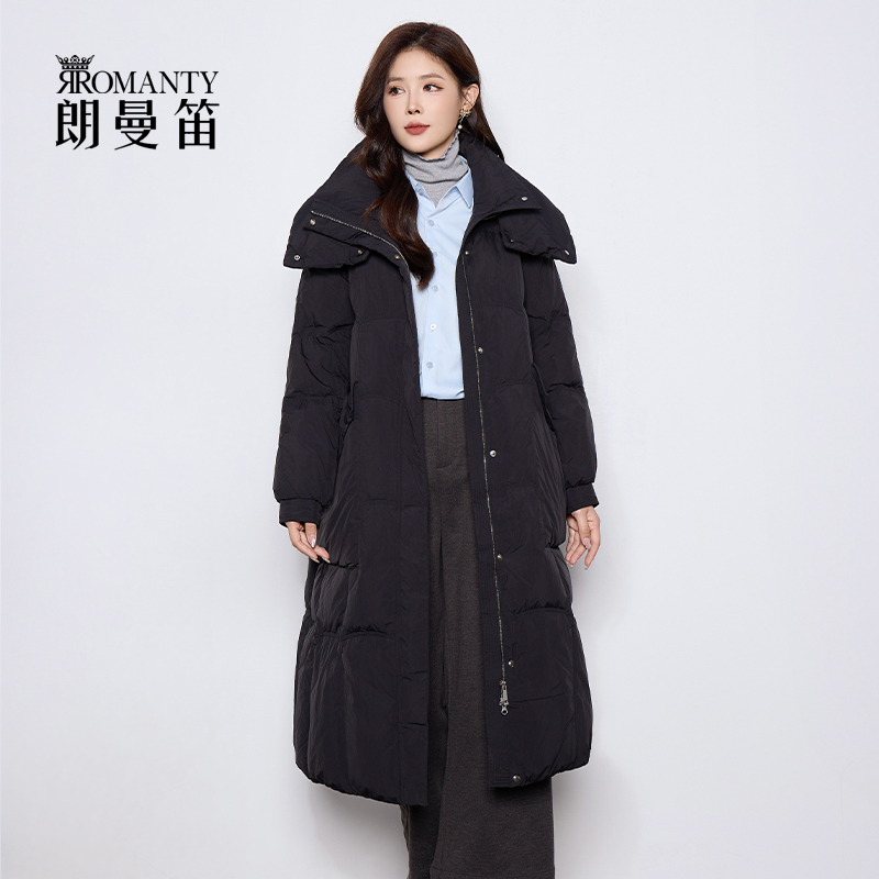朗曼笛过膝羽绒服女中长款百搭连帽鸭绒上衣2025冬季新款通勤外套