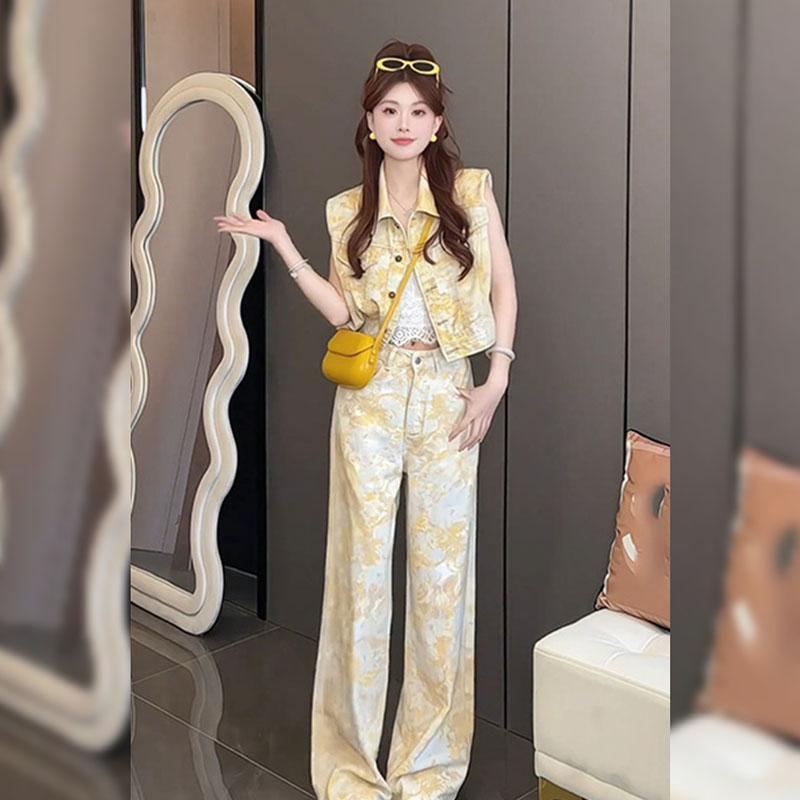 复古洋气黄色扎染印花阔腿牛仔裤女2025夏季高腰休闲直筒拖地长裤