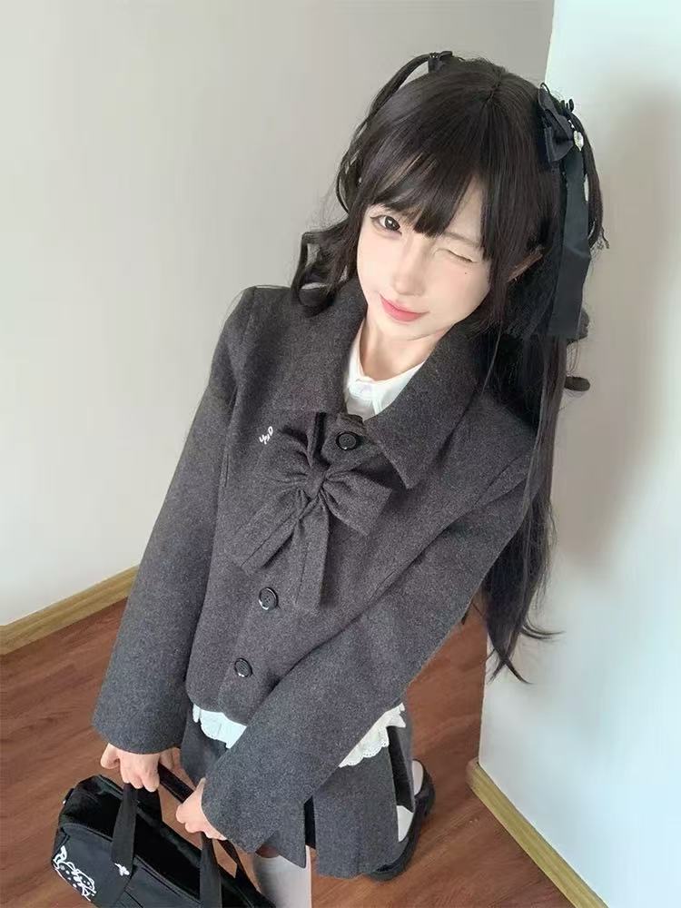 日系复古学院风灰色毛呢外套+百褶半身裙两件套女秋冬