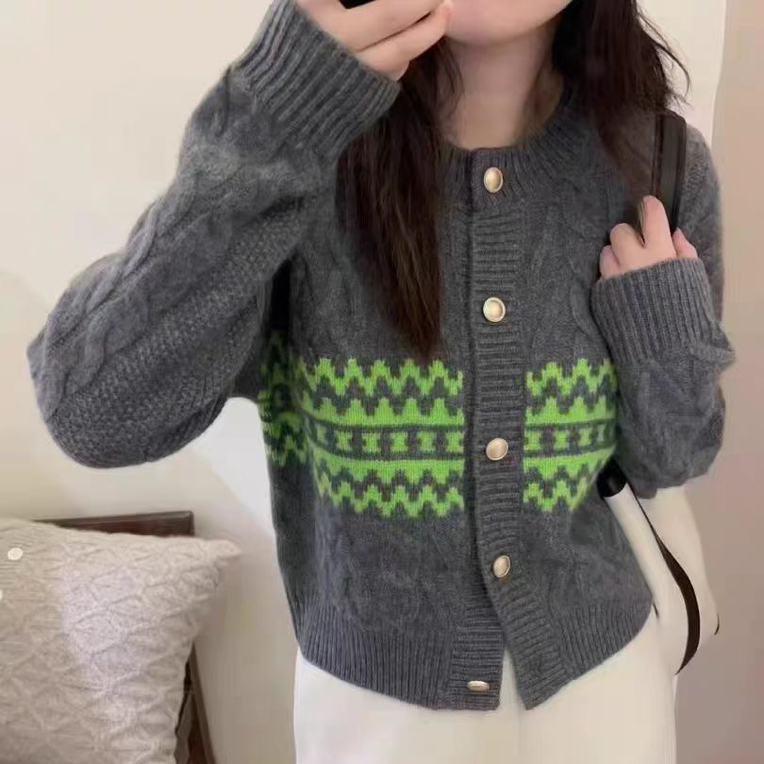 秋冬复古撞色100羊毛衫长袖外搭开衫女扭花加厚羊毛针织外套上衣