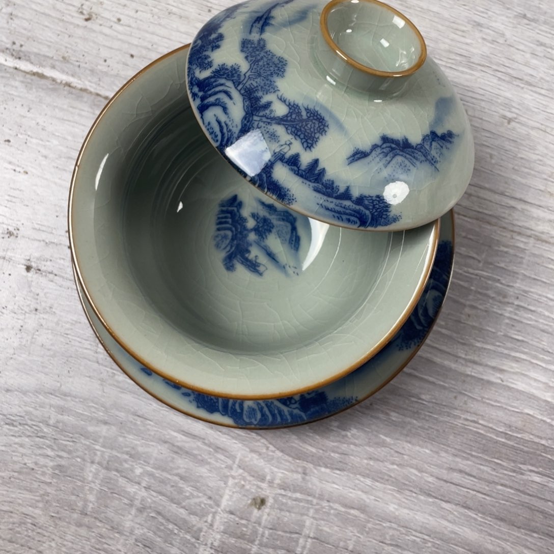 杯富春山居图元宝盖碗微瑕