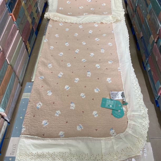高克重5.8斤全棉纯棉印花嵌缝蕾丝花边夹棉床盖三件套盖毯250x230
