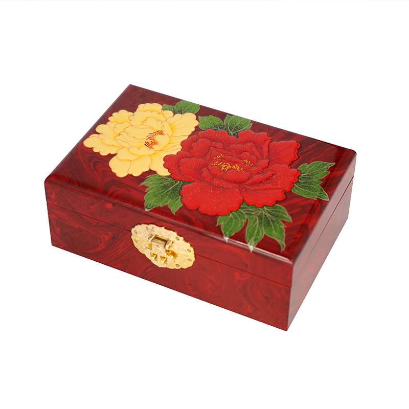 TD漂漆紫红富贵花开 21*14*8 漂漆堆鼓 彩绘