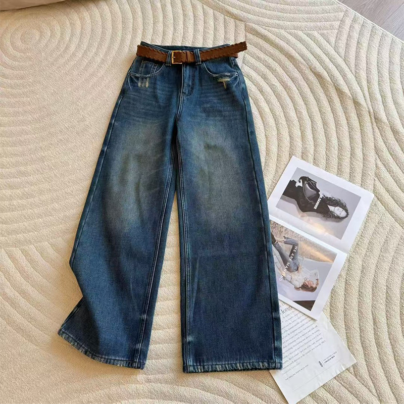 冬季加绒高腰复古显瘦直筒牛仔裤百搭韩版新款时尚潮流上档次裤子