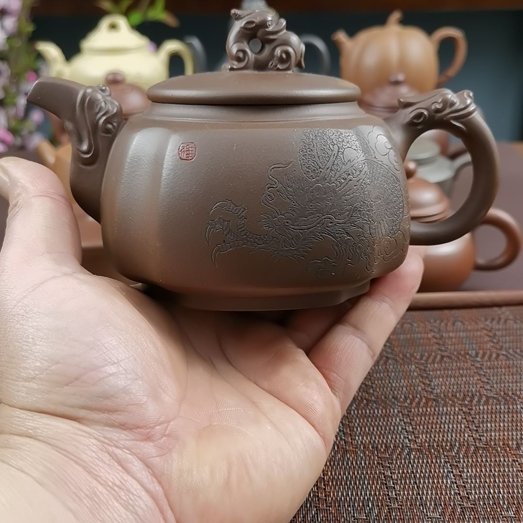 紫砂茶壶紫泥龙腾四方400CC