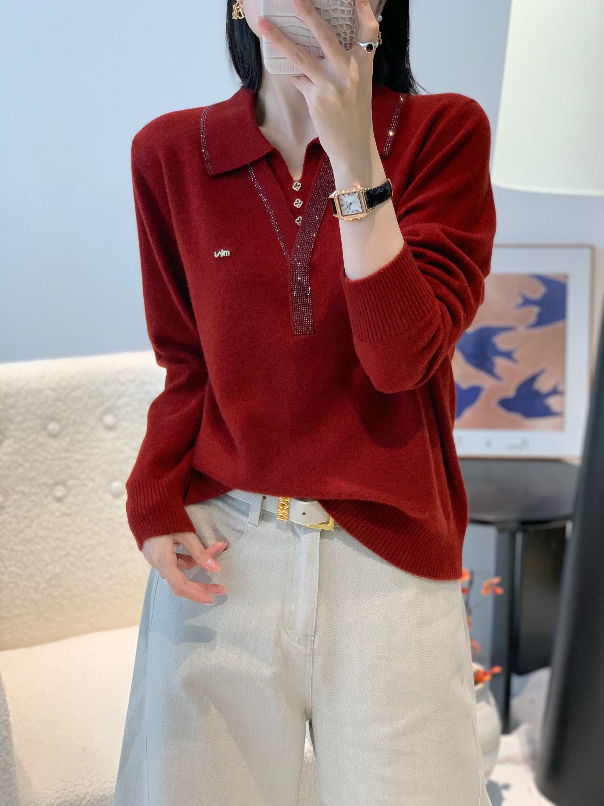 秋冬新款针纯色翻领100%羊毛衫针织毛衣洋气妈妈装OMYB6622