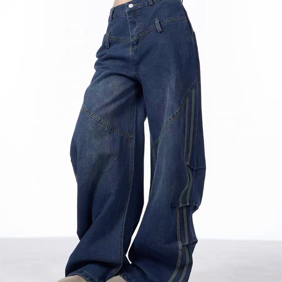 [胖鹅张]美式褶皱条杠弯刀牛仔长裤 #2471[实物以直播间展示为准]