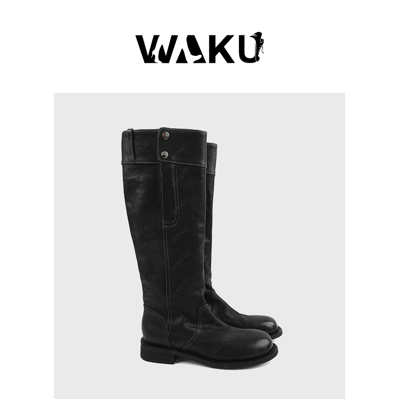 垂落牛仔妙趣横生裤筒扣饰骑士靴水洗马皮不过膝长靴