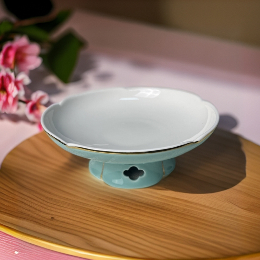 创意粉绿梅花高脚盘酒店家用品质好物高档餐具水果盘小吃盘点心盘