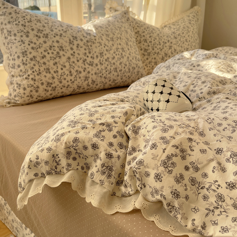 碎花小清新双层纱四件套水洗棉蕾丝边被套床单少女宿舍三件套ins