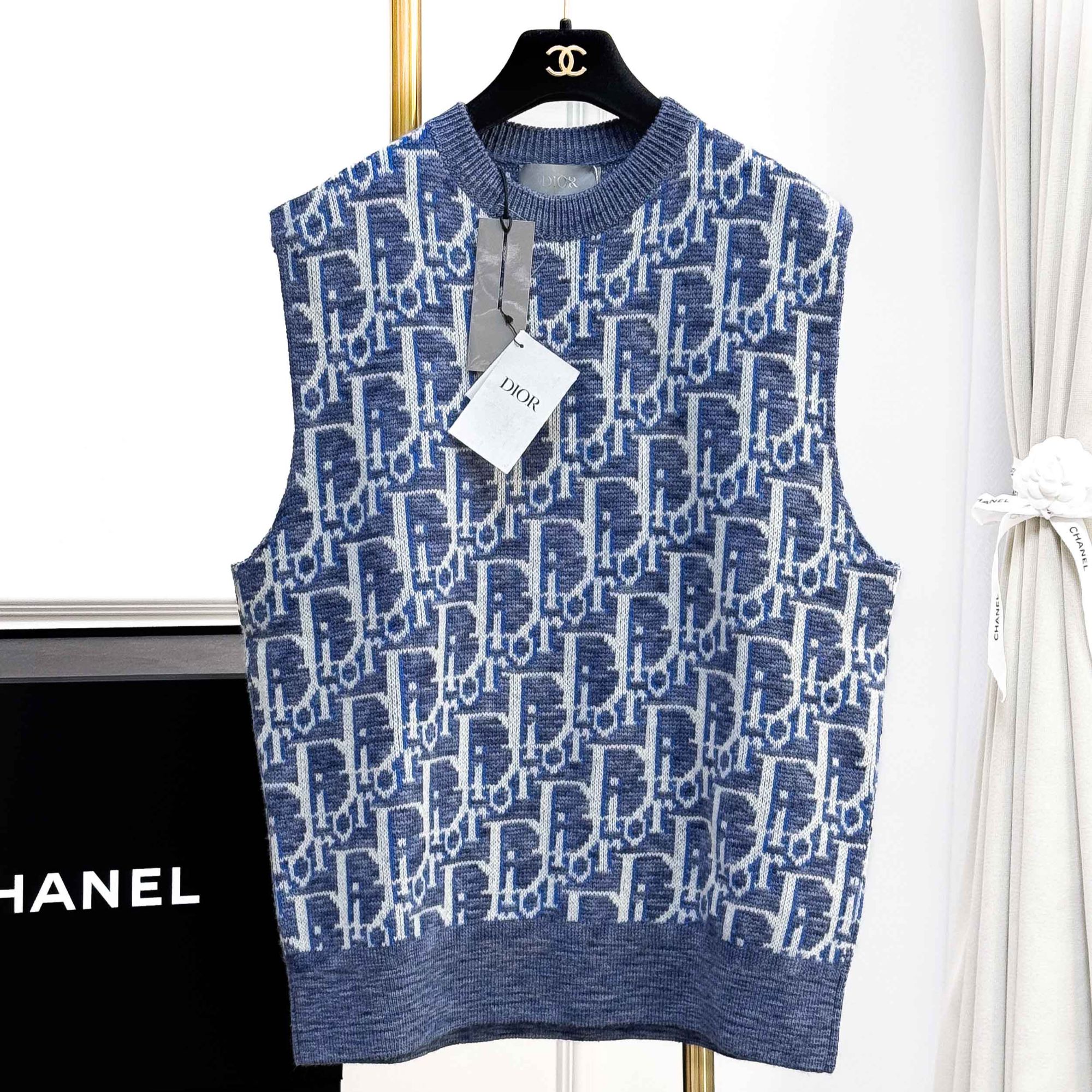 99新 DIOR/迪奥 S码 蓝色拼白色 满字母 无袖 针织 背心