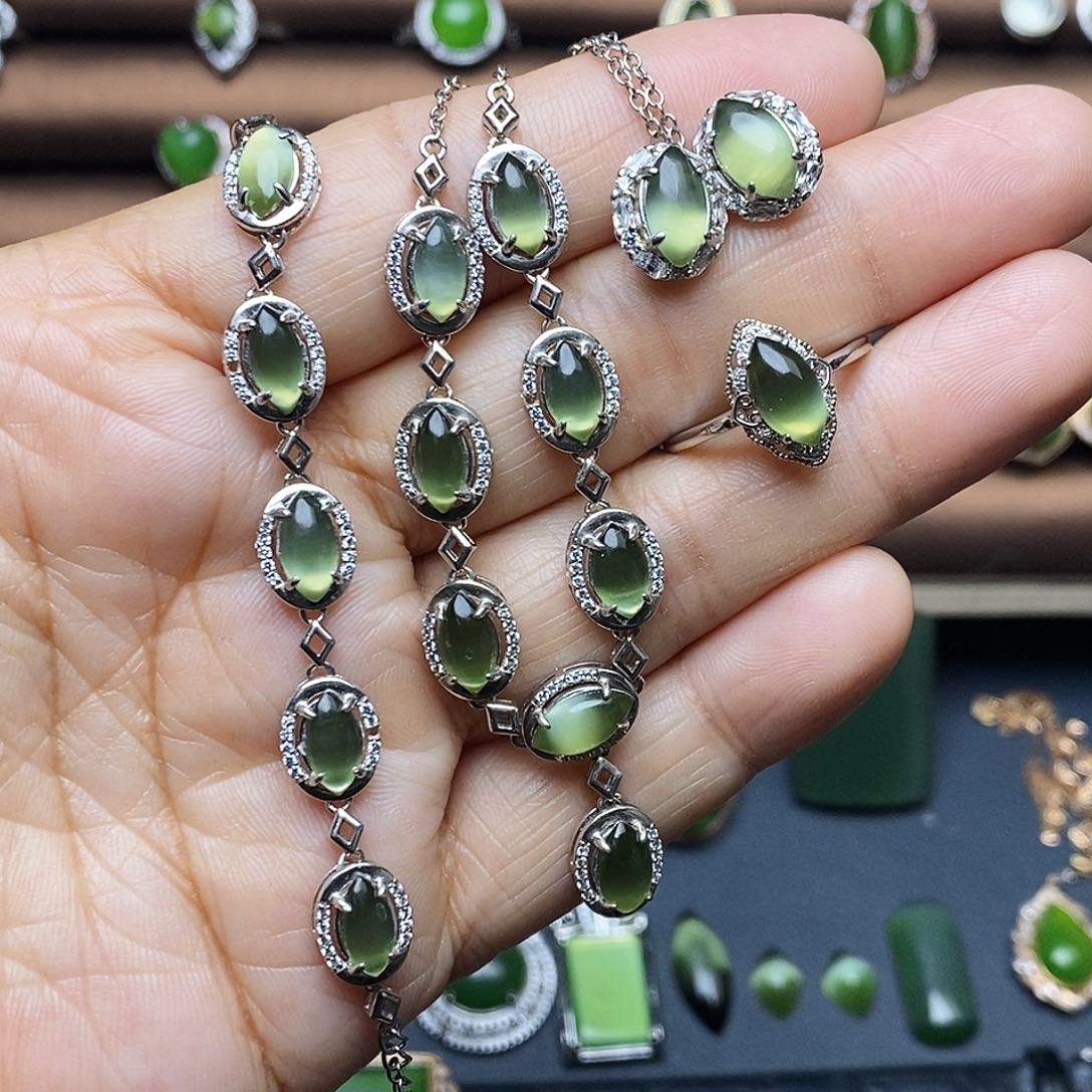 吊坠(不含链)银S925镶嵌和田玉（碧玉）套装