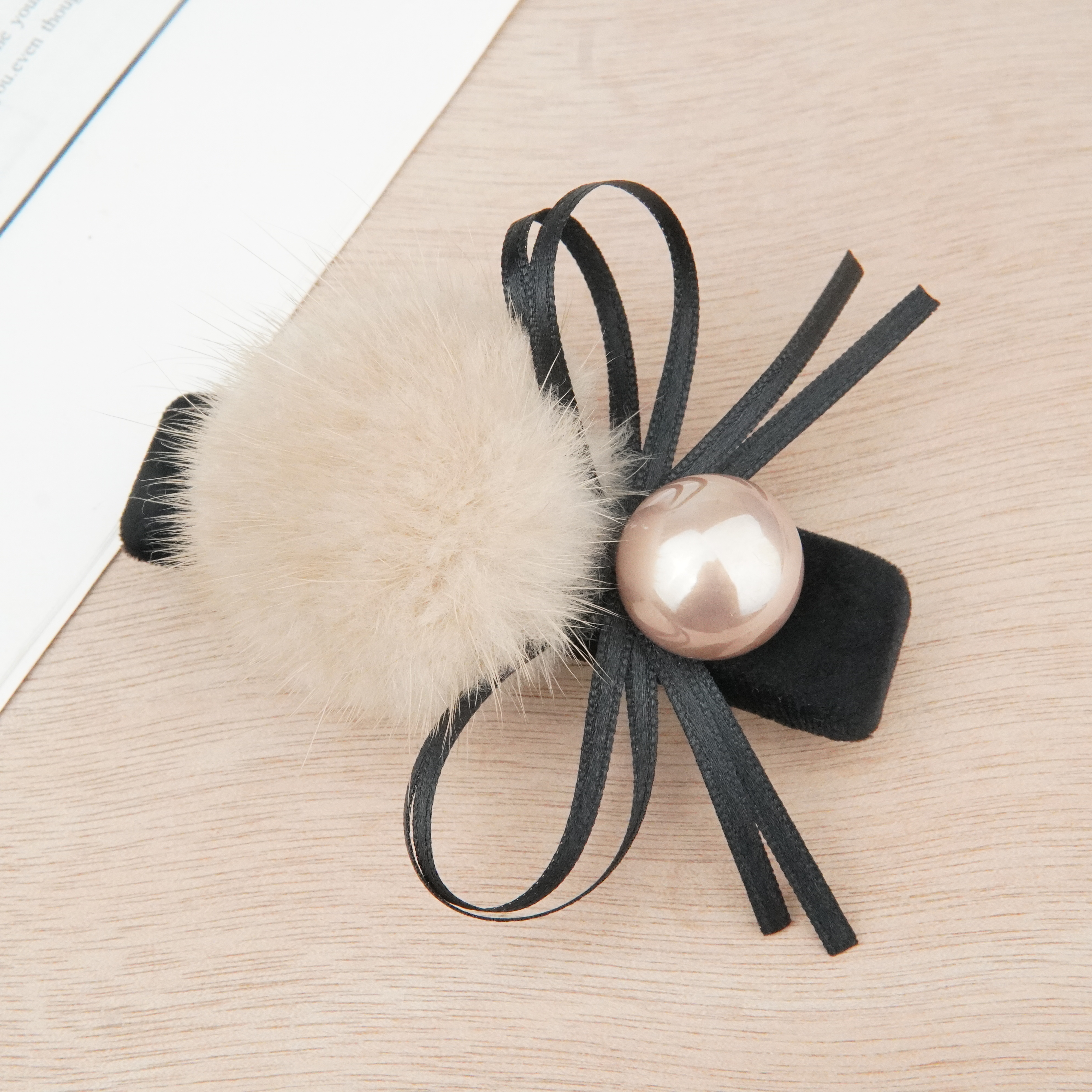 【TH138】秋冬减龄水貂毛千金风黑色蝴蝶结发夹韩版气质半扎头饰