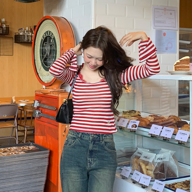 【ODTD】新品25秋冬条纹圆领撞色蕾丝长袖上衣女