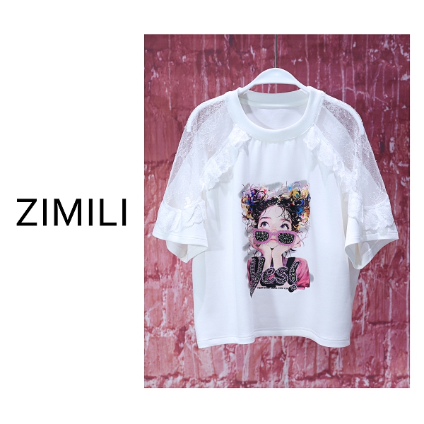 【亮哥女装】2025欧版《簪花》月光白拼接蕾丝印花高克重短袖8933-C3