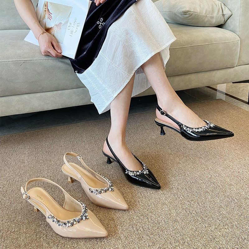 气质高跟鞋2025年新款春秋法式细跟尖头一字绝美包头凉鞋女