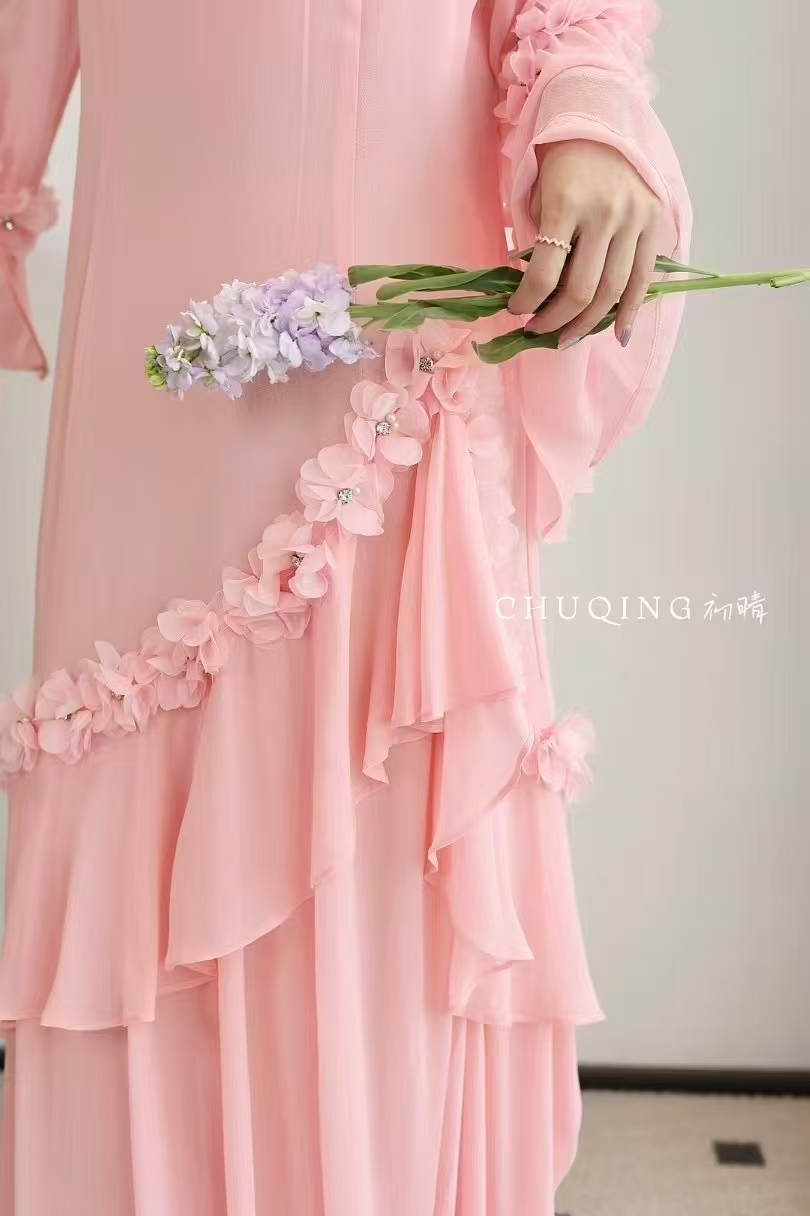 裙子慵懒风国风时尚公主A字裙设计师连衣裙甜美气质V领喇叭袖斜肩