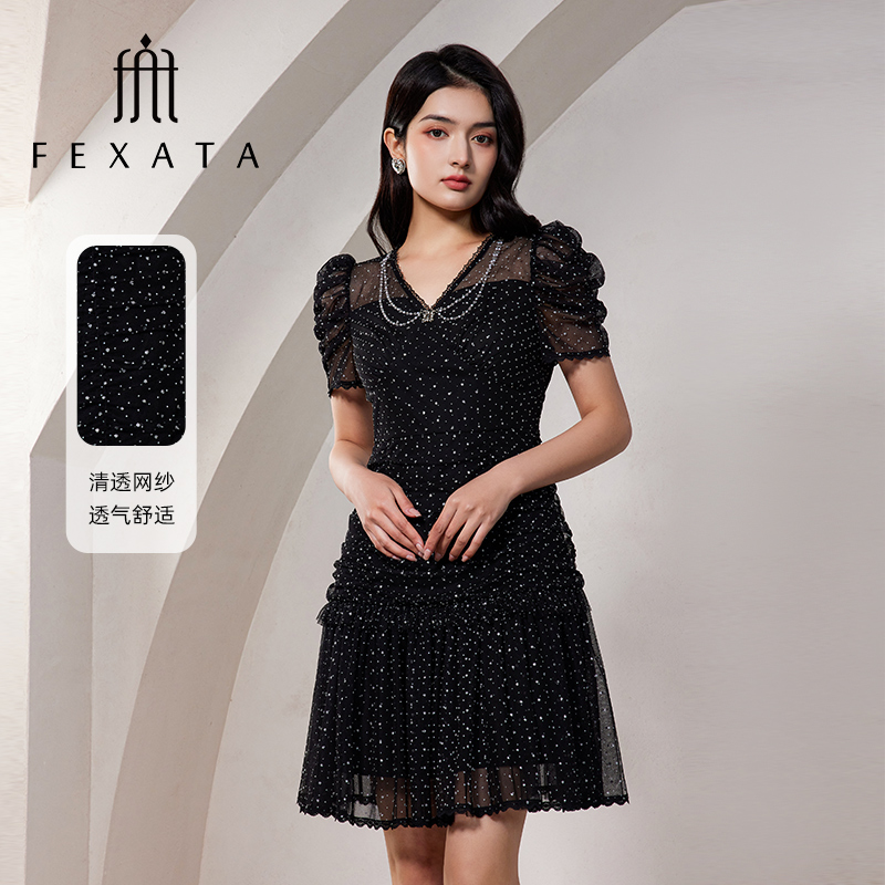 【白姐专属】FEXATA斐格思波点压褶小黑裙网纱连衣裙