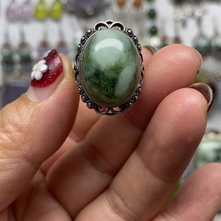 蛇纹石玉戒指银S925镶嵌