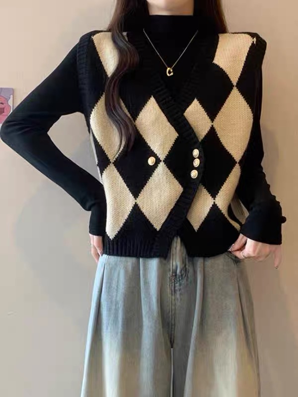 （不）韩系复古设计感条纹针织马甲女秋冬新款洋气叠穿加厚内搭毛衣