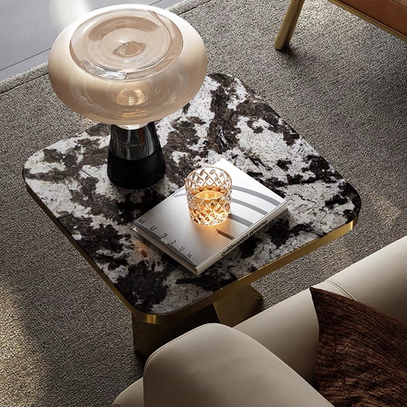 天然奢石沙发边几方形大理石角几客厅小茶几意式极简实木风格别墅