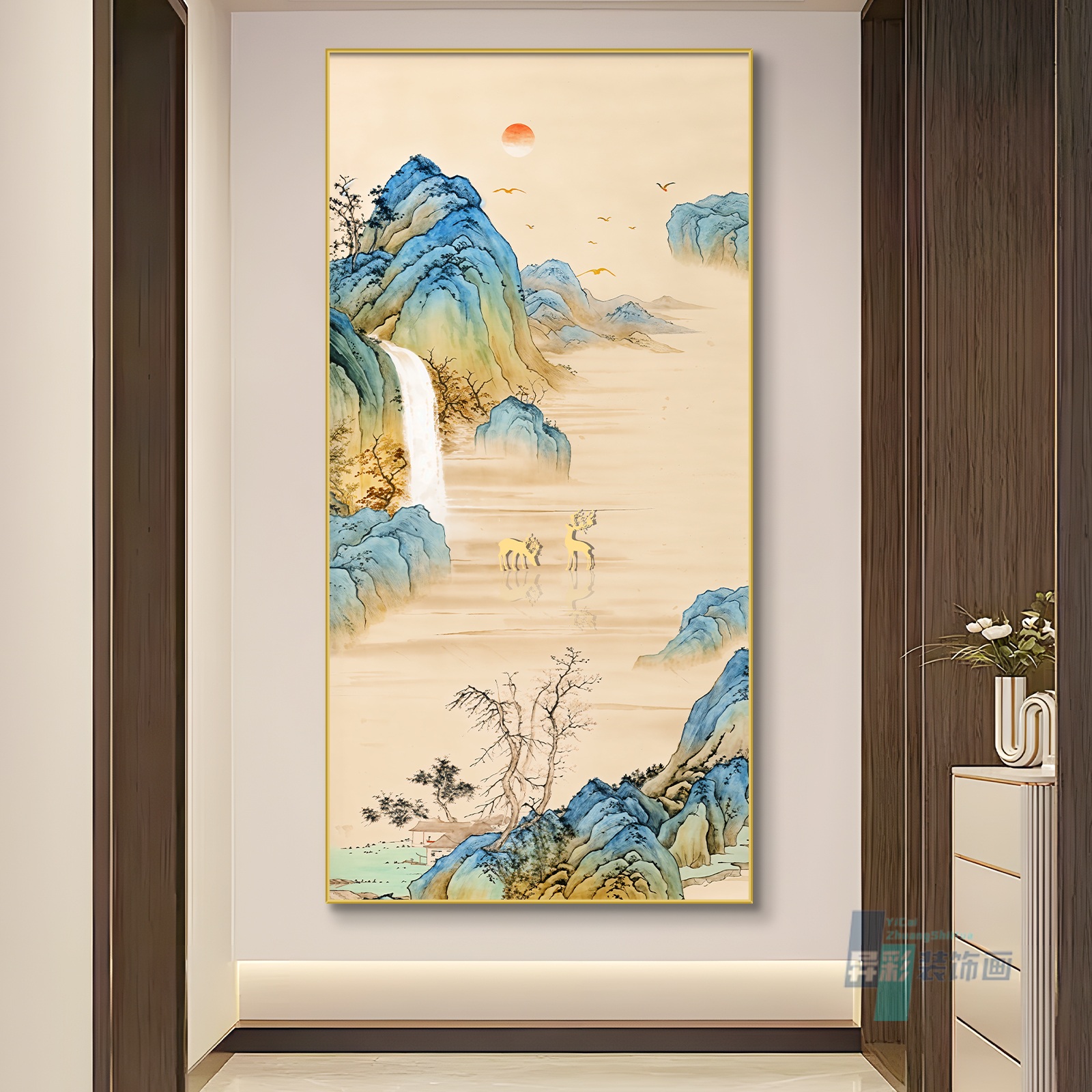 新中式山水风景画国风入户玄关装饰画高级感优雅别致走廊过道壁画