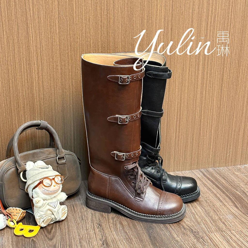 【YULIN】复古骑士靴~显瘦粗跟皮带扣高筒长筒靴子