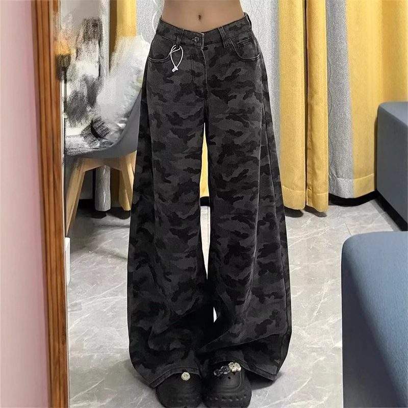 美式迷彩牛仔裤女高腰宽松辣妹阔腿直筒裤休闲裤潮2025年夏季新款