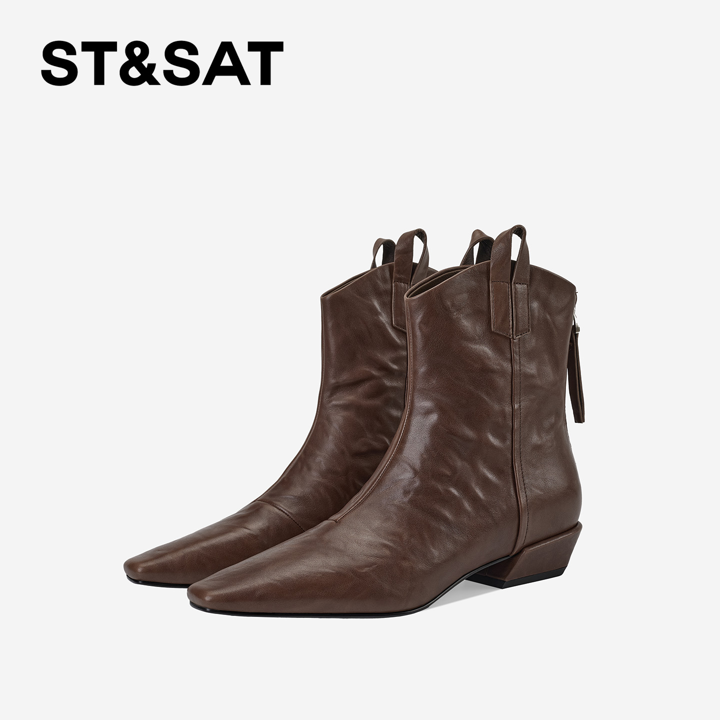 St&Sat/星期六低跟方头粗跟短靴真皮黑色百搭时尚休闲秋冬时装靴