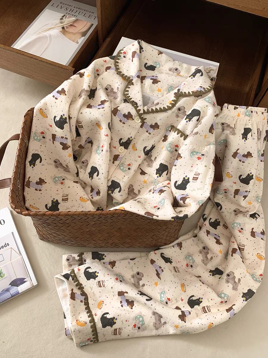 2025新款纯棉磨毛睡衣女长袖长裤秋冬甜美卡通韩版小狗保暖家居服