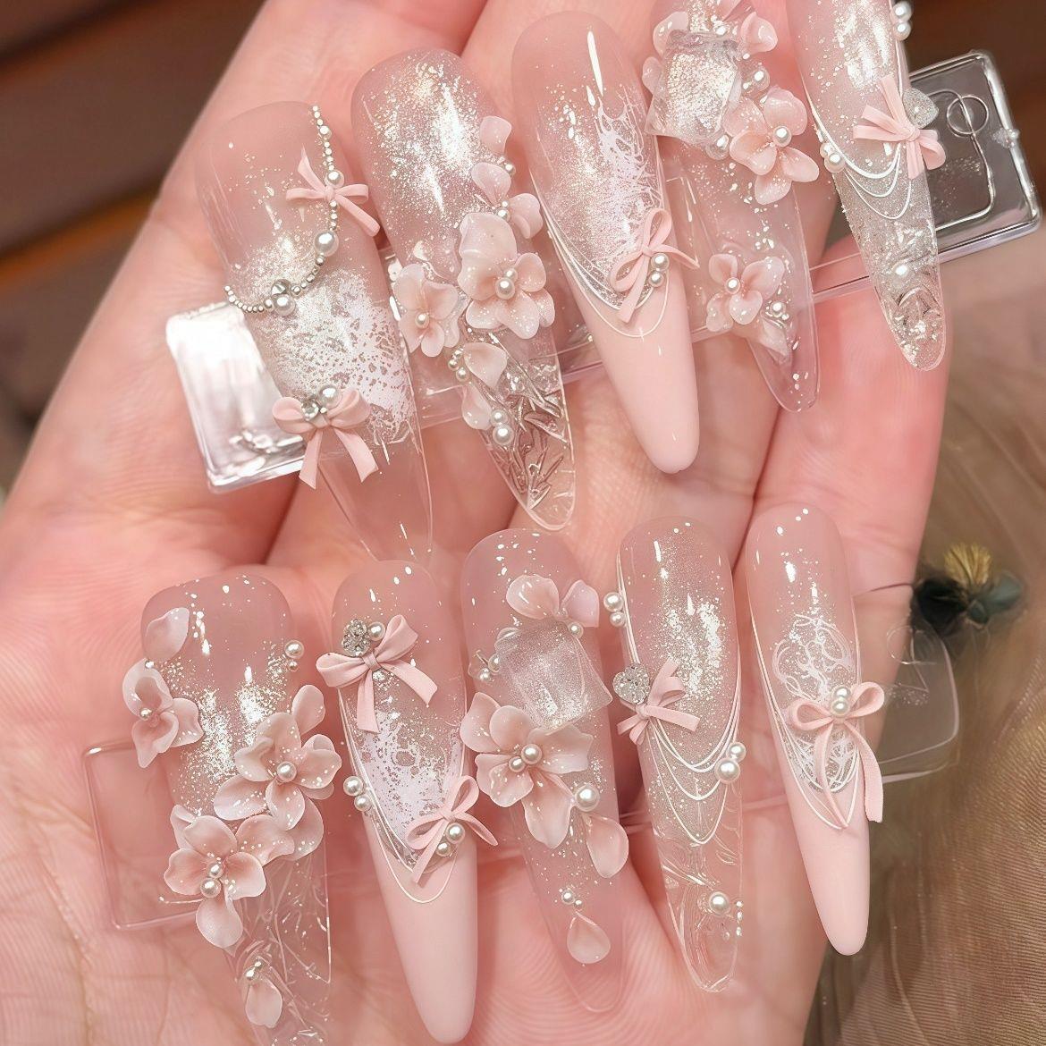 【桃花冻冻冰】纯手工蝴蝶爆闪美甲高颜值