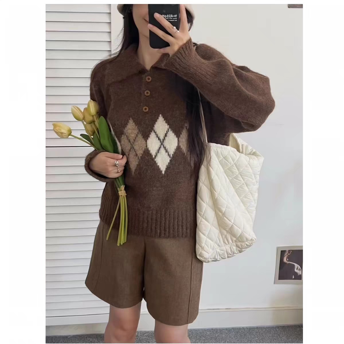 翻领花朵减龄针织衫菱格女装宽松潮流针织衫