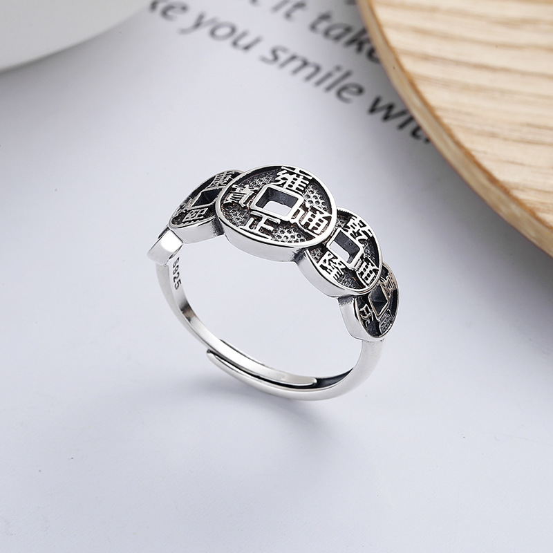 925银戒指 S925通体银复古个性创意五帝铜钱钱币好寓意开口素戒指