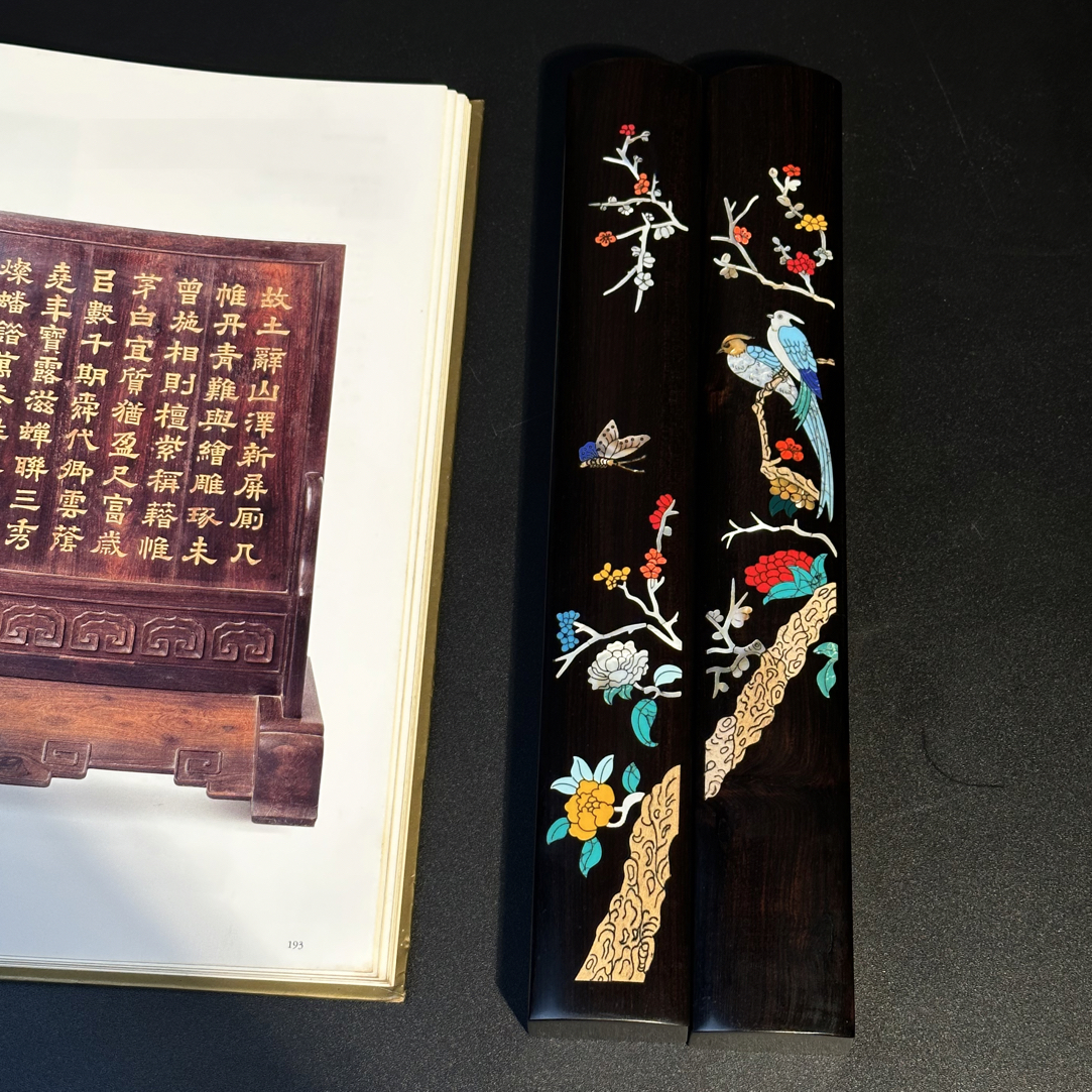 紫光檀螺钿镶嵌雕刻镇尺书房摆件高油高密度手工打磨原色呈现