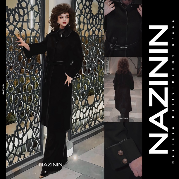 娜孜妮大码辣妈秋冬时尚女装｜纯黑系腰设计摩登时髦毛呢外套