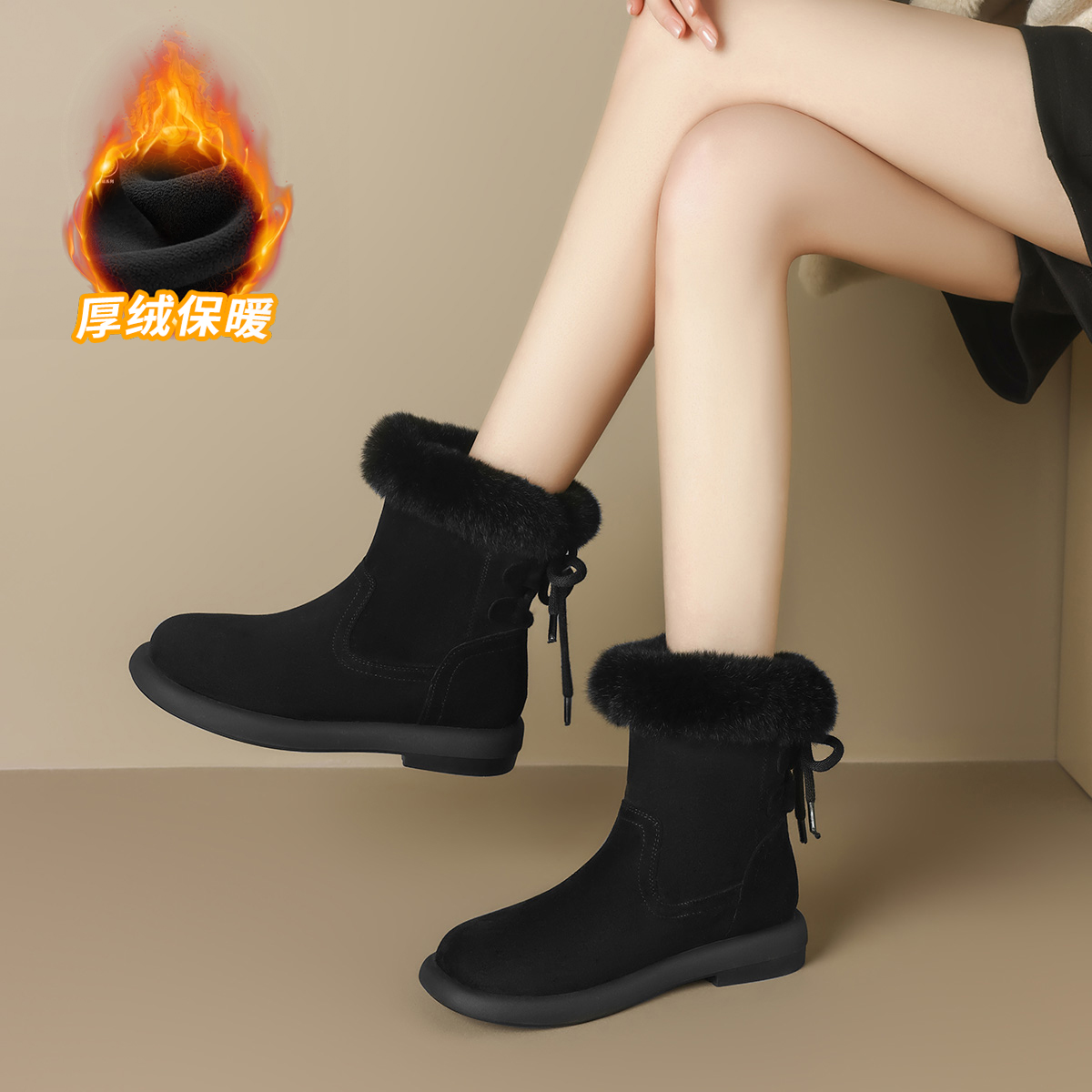 低跟时尚雪地靴冬季棉鞋侧拉链加厚时尚百搭女靴保暖厚底加绒